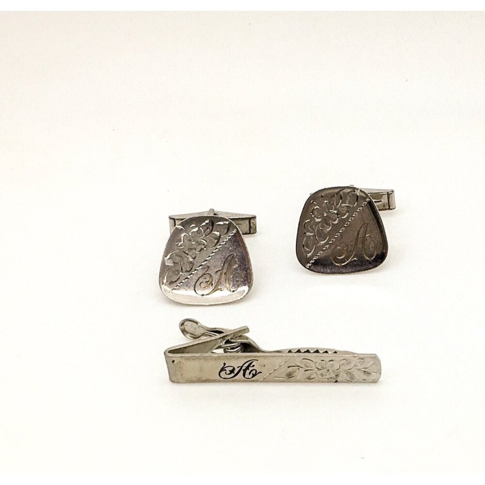 Titan Sterling Silver Cufflinks & Tie Bar A Monogram Initial Personalized Floral
